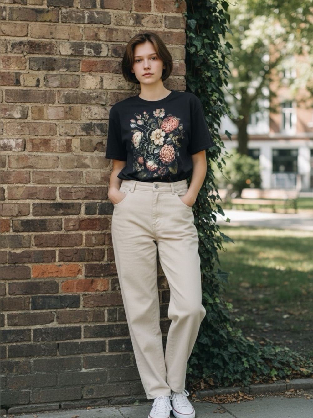 unisex PRPS black tee shirt with flowers on the front size XL